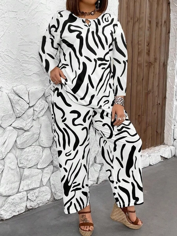 Ensemble Haut Et Pantalon Grande Taille Femme Décontracté Manches Longues Col Rond Imprimé Zèbre Abstrait Tenue Poliestere Automne