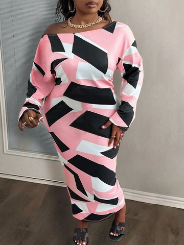 Robe Grande Taille Femme Une Épaule Manches Longues Imprimé Géométrique Élégant Patchwork Abstrait Bodycon Robe Maxi de Fête