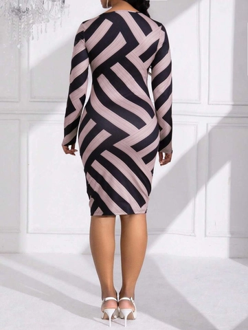 Vestito Midi a Strisce Geometriche Taglie Forti Donna Elegante Girocollo Manica Lunga Aderente Ufficio Pendolare Vestito Slim Fit