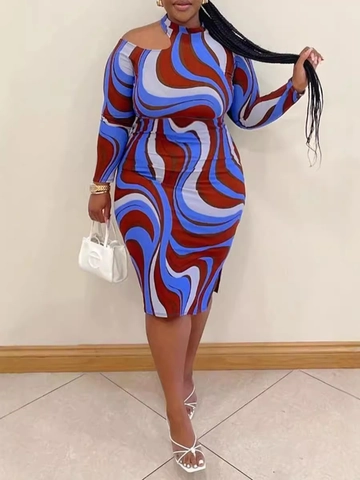 Vestito Aderente da Donna Taglie Forti con Stampa Astratta a Vortice Manica Lunga Scollo Asimmetrico Elegante Abito Midi per Ufficio Festa