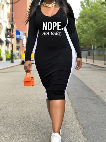 Vestido Midi Ajustado de Talla Grande para Mujer Manga Larga Estampado de Slogan Color en Contraste Elegante