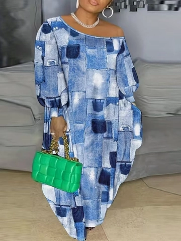Dames Grote Maten Eén Schouder Lange Mouw Maxi Jurk Denim Patchwork Print Elegante Slanke Kokerjurk Casual Feest