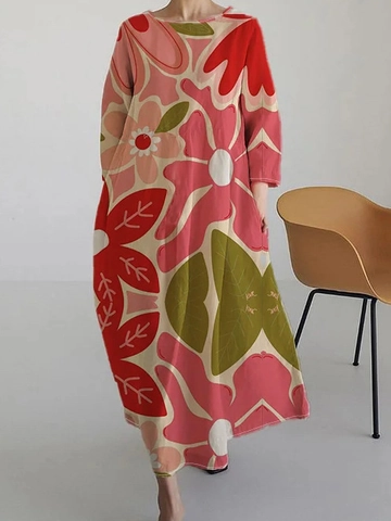 Vestito Maxi Taglie Forti da Donna con Stampa Floreale a Manica Lunga Girocollo Boho Artistico Kaftan Casual Oversize