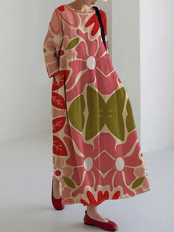 Vestito Maxi Taglie Forti da Donna con Stampa Floreale a Manica Lunga Girocollo Boho Artistico Kaftan Casual Oversize