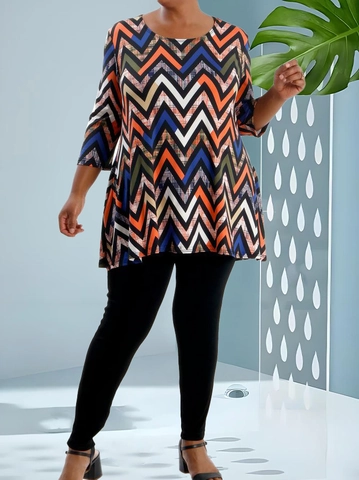 Top Tunica Taglie Forti Donna Casual Stampa Chevron Colorata Girocollo Manica a 3/4 Camicia Linea A Con Tasche
