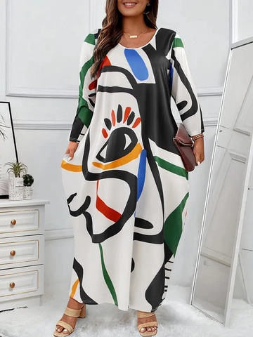 Women Plus Size Long Sleeve Maxi Dress Abstract Face Art Print Loose Oversized Polyester Round Neck Casual Autumn Dress
