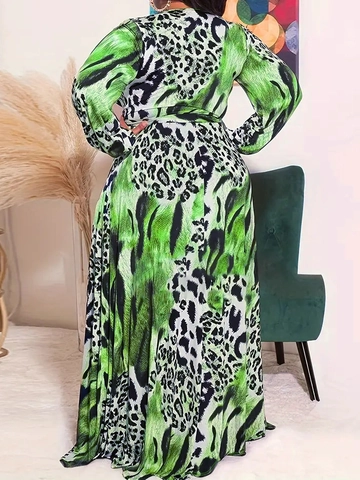 Women Plus Size Leopard Print V Neck Wrap Maxi Dress Elegant Long Sleeve Bohemian Evening Floor Length Dress