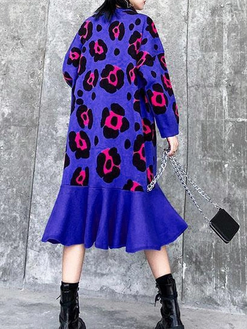 Abito Midi da Donna Taglie Forti Manica Lunga Girocollo Stampato Elegante Motivo Floreale Leopardato Orlo a Coda di Pesce Festa Casual