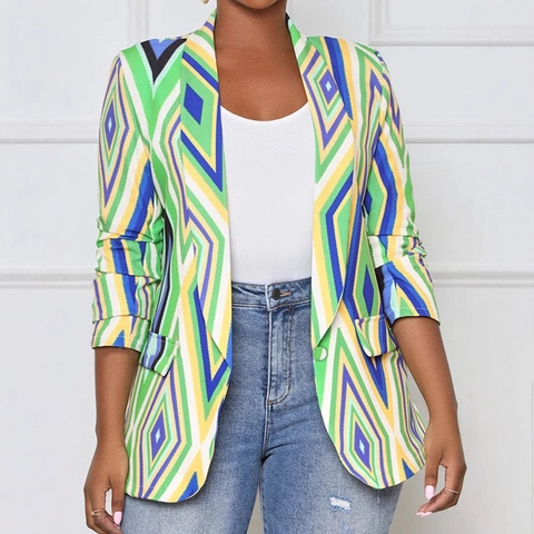 Blazer de Tallas Grandes para Mujer con Estampado Geométrico Chaqueta de Solapa de Manga Larga Elegante Estampado de Rombos
