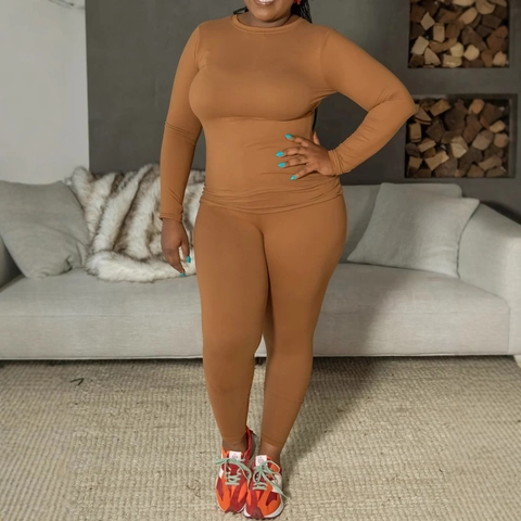 Women Plus Size Casual Long Sleeve Round Neck Top And High Waist Pants Solid Caramel Ribbed Knit Lounge Outfit Apparel