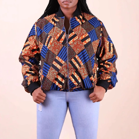 Women Plus Size Bomber Jacket African Geometric Print Zip Up Long Sleeve Outerwear With Ribbed Trim For Casual Daily Wear