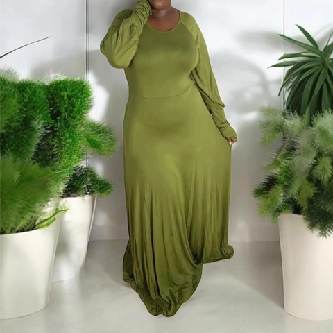 Plus Size Women Elegant Olive Green Maxi Dress Round Neck Long Lantern Sleeve Flared Ruffle Hem Solid Color Autumn Fall Robe