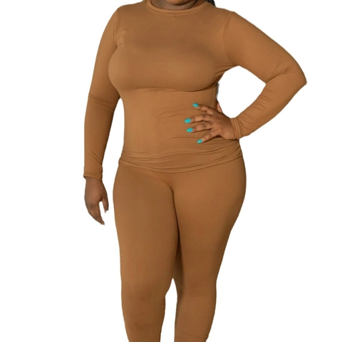 Women Plus Size Casual Long Sleeve Round Neck Top And High Waist Pants Solid Caramel Ribbed Knit Lounge Outfit Apparel