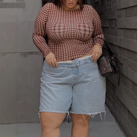 Camiseta de Manga Larga de Malla con Estampado de Cuadros para Mujer Talla Grande Cuello Redondo Informal Top Transparente