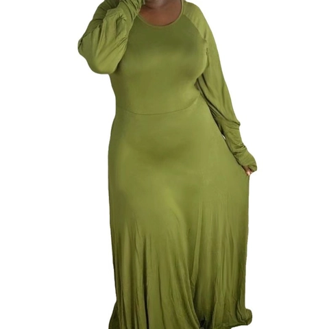 Plus Size Women Elegant Olive Green Maxi Dress Round Neck Long Lantern Sleeve Flared Ruffle Hem Solid Color Autumn Fall Robe