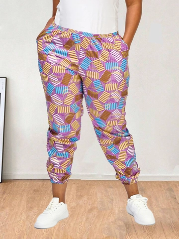 Dames Plus Size Geometrische Print Joggingbroek Elastische Taille Comfortabele Losse Toelopende Broek Casual Sportieve Sweatpants