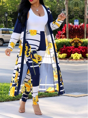 Ensemble De Loisirs Trois Pièces Femme Grande Taille Cardigan Long Imprimé Gilet Et Pantalon Fleuri Rayé Tenue Élégante Pour Le Travail