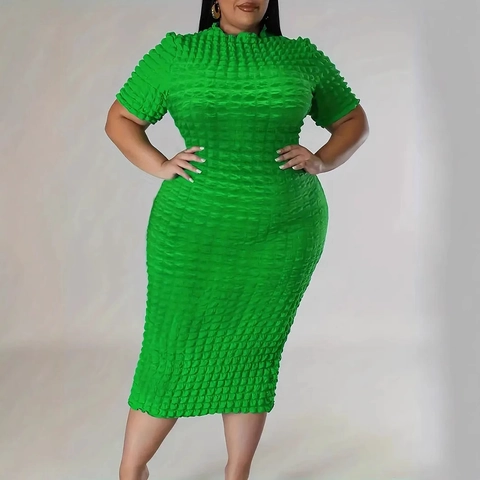 Plus Size Damen Elegant Grün Popcorn Textur Bodycon Kleid Kurzarm Stehkragen Elastisch Schlank Etuikleid Maxi Kleid Für Party