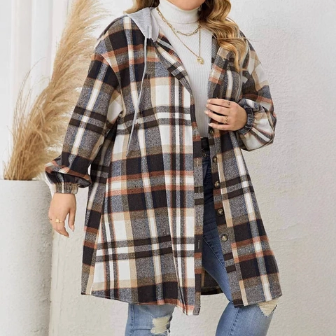 Damen Übergröße Karierte Kapuzenjacke Langarm Button Down Lange Jacke Lässig Kapuzenoberbekleidung Für Herbst Winter