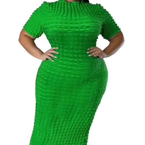 Plus Size Damen Elegant Grün Popcorn Textur Bodycon Kleid Kurzarm Stehkragen Elastisch Schlank Etuikleid Maxi Kleid Für Party