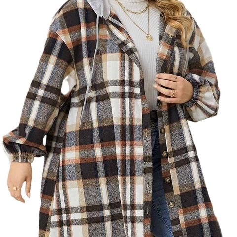 Damen Übergröße Karierte Kapuzenjacke Langarm Button Down Lange Jacke Lässig Kapuzenoberbekleidung Für Herbst Winter