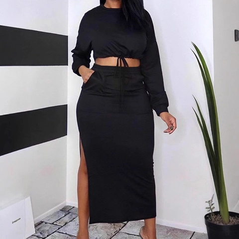 Plus Size Casual Long Sleeve Drawstring Crop Top And Side Slit Maxi Skirt Set Women Solid Black Streetwear Outfit