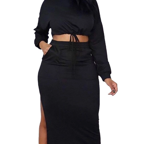 Plus Size Casual Long Sleeve Drawstring Crop Top And Side Slit Maxi Skirt Set Women Solid Black Streetwear Outfit