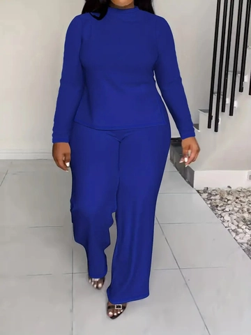 Women Plus Size Two Piece Outfits Solid Color Round Neck Long Sleeve Top And Wide Leg Pants Casual Matching Sets Blue
