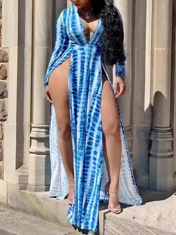 Plus Size Vrouwen Sexy Diepe V-Hals Lange Mouw Tie-Dye Maxi-Jurk Polyester Hoge Zijsplit Bodycon Vakantie Feestjurk