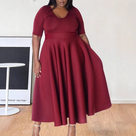 Plus Size Women Elegant Wine Red Round Neck Short Sleeve High Waist Swing Midi Dress Solid Color Commuter Party Dress