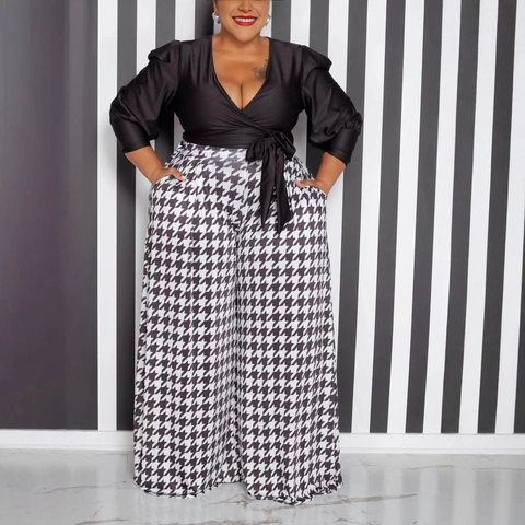 Pantalon Large Pied De Poule Grandes Tailles Femmes Taille Haute Élastique Décontracté Pantalon Droit Élégant Mode