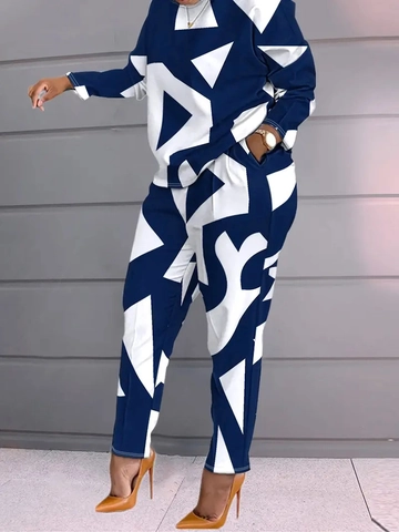 Conjunto de Dos Piezas de Talla Grande para Mujer Estampado Geométrico Top de Manga Larga Y Pantalones Azul Marino