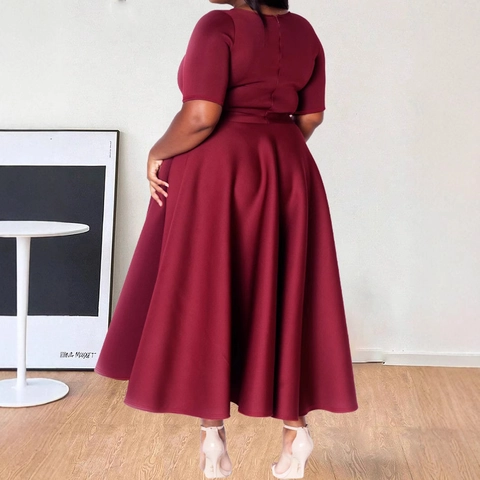Plus Size Women Elegant Wine Red Round Neck Short Sleeve High Waist Swing Midi Dress Solid Color Commuter Party Dress