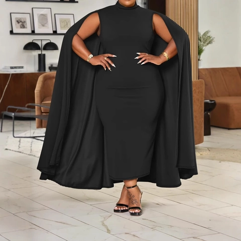 Damen Plus Size Cape Kleid Einfarbig Elegant Stehkragen Bodycon Maxi Kleid Für Abendparty Bankett Cocktail