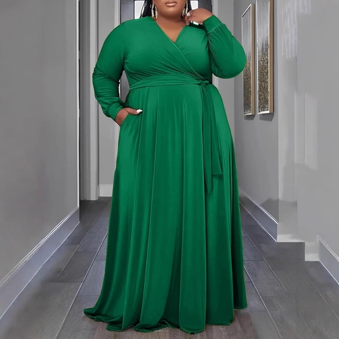 Women Plus Size Elegant V Neck Wrap Maxi Dress Long Sleeve Belted A-Line Emerald Green Solid Color Party Evening Long Dress