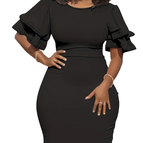 Plus Size Women Bodycon Dress Elegant Round Neck Layered Ruffle Short Sleeve Midi Dress For Office Daily Commute Solid Color