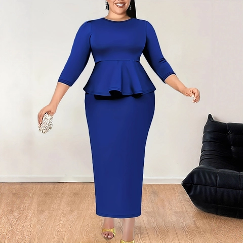 Women Plus Size Peplum Top And Bodycon Skirt Outfit Round Neck Three Quarter Sleeve Solid Color Elegant Business Apparel