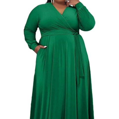 Women Plus Size Elegant V Neck Wrap Maxi Dress Long Sleeve Belted A-Line Emerald Green Solid Color Party Evening Long Dress