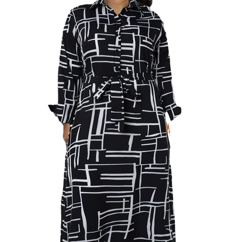 Vestido Largo Tipo Camisa de Talla Grande para Mujer Estampado Geométrico Manga Larga Solapa Botones Cinturón Elegante Casual