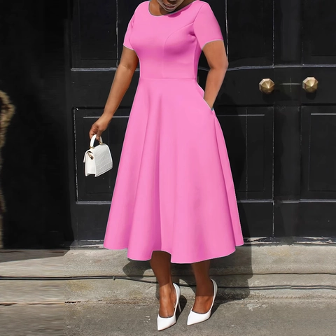 Women Elegant Short Sleeve Solid Color A-Line Midi Dress Round Neck With Pockets Plus Size Casual Summer Fashion Robe