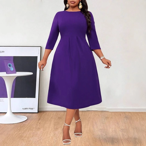 Damen Übergröße Elegantes Lila Kleid Rundhalsausschnitt Dreiviertelarm A-Linien-Rock Hohe Taille Plissiert Pendler Party Mode Kleid