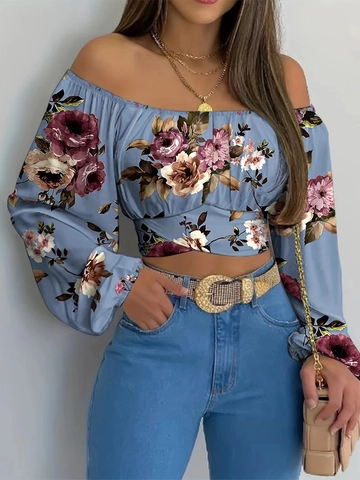 Damen Schulterfrei Blumenmuster Crop Top Lang Laternenärmel Süß U-Boot-Ausschnitt Rückenfrei Sommer Bluse T-Shirt