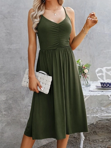 Women V-Neck Spaghetti Strap Backless Ruched A-Line Midi Dress Solid Color Summer Casual Holiday Party Sexy Elegant Dress