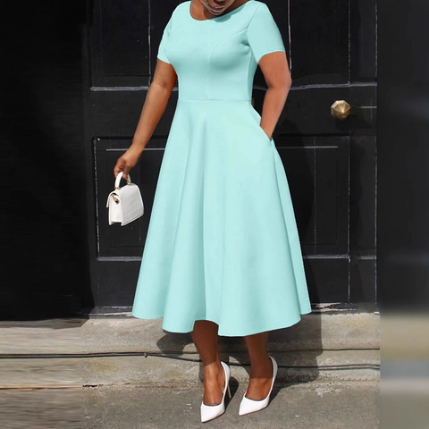 Women Elegant Short Sleeve Solid Color A-Line Midi Dress Round Neck With Pockets Plus Size Casual Summer Fashion Robe