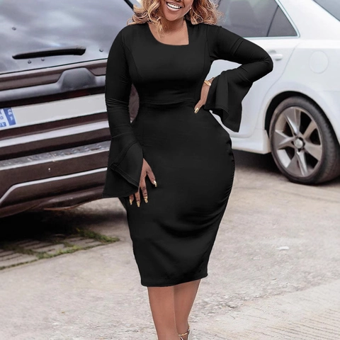 Plus Size Women Black Bodycon Midi Dress Elegant Bell Long Sleeve Solid Color Asymmetric Neck Office Commuter Pencil Dress
