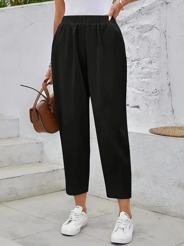 Pantalones Casuales de Talla Grande para Mujer Cintura Alta Elástica Pantalón Corto Con Bolsillos Negro Sólido Poliéster