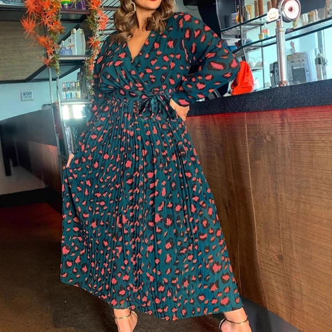 Damen Übergröße Leopardenmuster Plissee Maxi Kleid V-Ausschnitt Langarm Elegant Party Kleid Mit Bindegürtel Mode Kleid