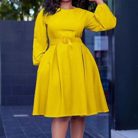 Women Plus Size Elegant Round Neck Long Sleeve Midi Dress With Belt Solid Color Lantern Sleeve Commuter Flare A-Line Dress