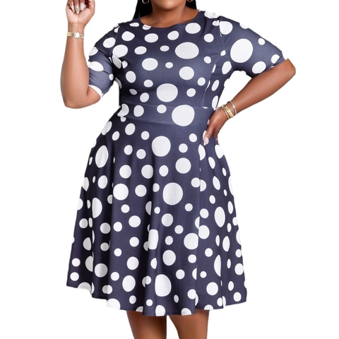 Vestido de Talla Grande para Mujer Azul Marino con Lunares Manga Corta Elegante Línea A Swing Midi Cuello Redondo Primavera