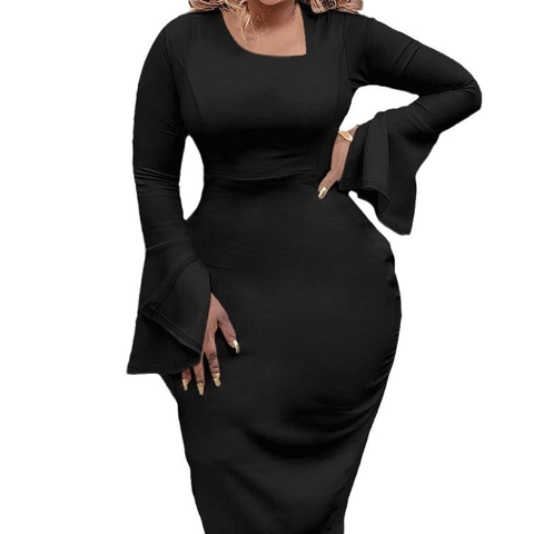 Plus Size Women Black Bodycon Midi Dress Elegant Bell Long Sleeve Solid Color Asymmetric Neck Office Commuter Pencil Dress